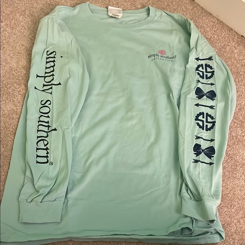 Simply Southern Aqua Long Sleeve Tee with Navy Accents